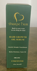 A bottle of Sharpe Hair Growth Oil Serum with the label showing the brand name, product name, and organic unscented indication.