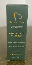 A bottle of Sharpe Hair Growth Oil Serum with the label showing the brand name, product name, and organic unscented indication.