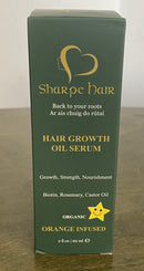 A bottle of Sharpe Hair Growth Oil Serum with the label showing the brand name, product name, and organic unscented indication.