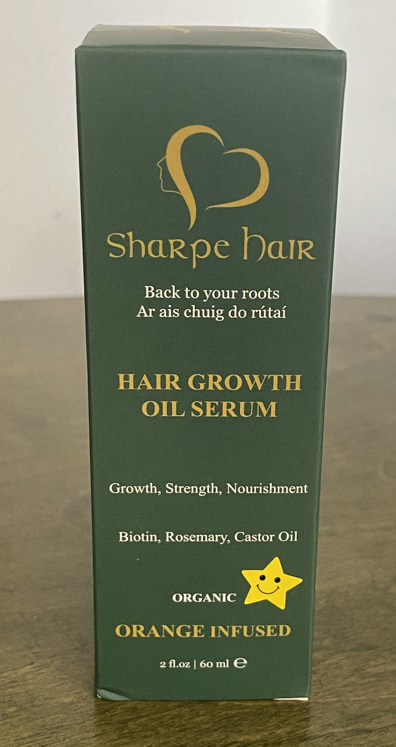 A bottle of Sharpe Hair Growth Oil Serum with the label showing the brand name, product name, and organic unscented indication.