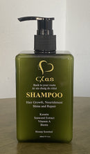 A bottle of 'Glas - Sharpe Hair' shampoo with a green label and a pump dispenser. The text on the label indicates that the product is for hair growth, nourishment, shine, and repair.